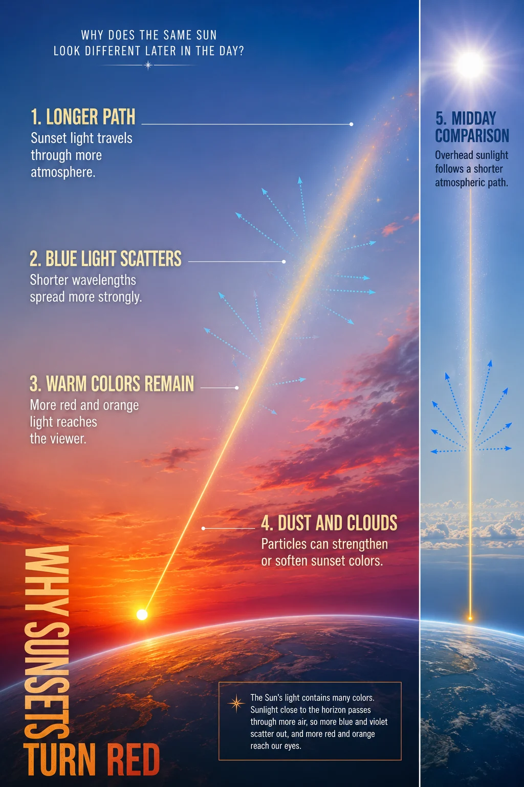 Spacious educational poster illustrating why sunsets turn red, with a low Sun, curved Earth, long light path, blue scattering, warm colors, and a midday comparison strip.