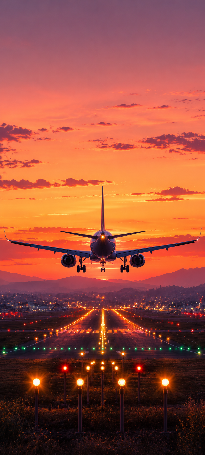 Passenger airplane landing over glowing runway lights beneath a peach-orange twilight sky.