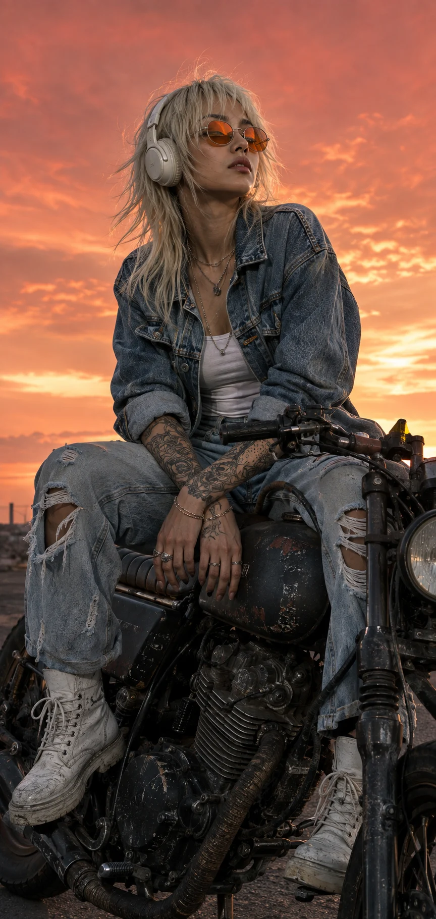 Woman sitting on a dark motorcycle at sunset wearing distressed denim, white headphones, mirrored sunglasses, and white high-top boots.