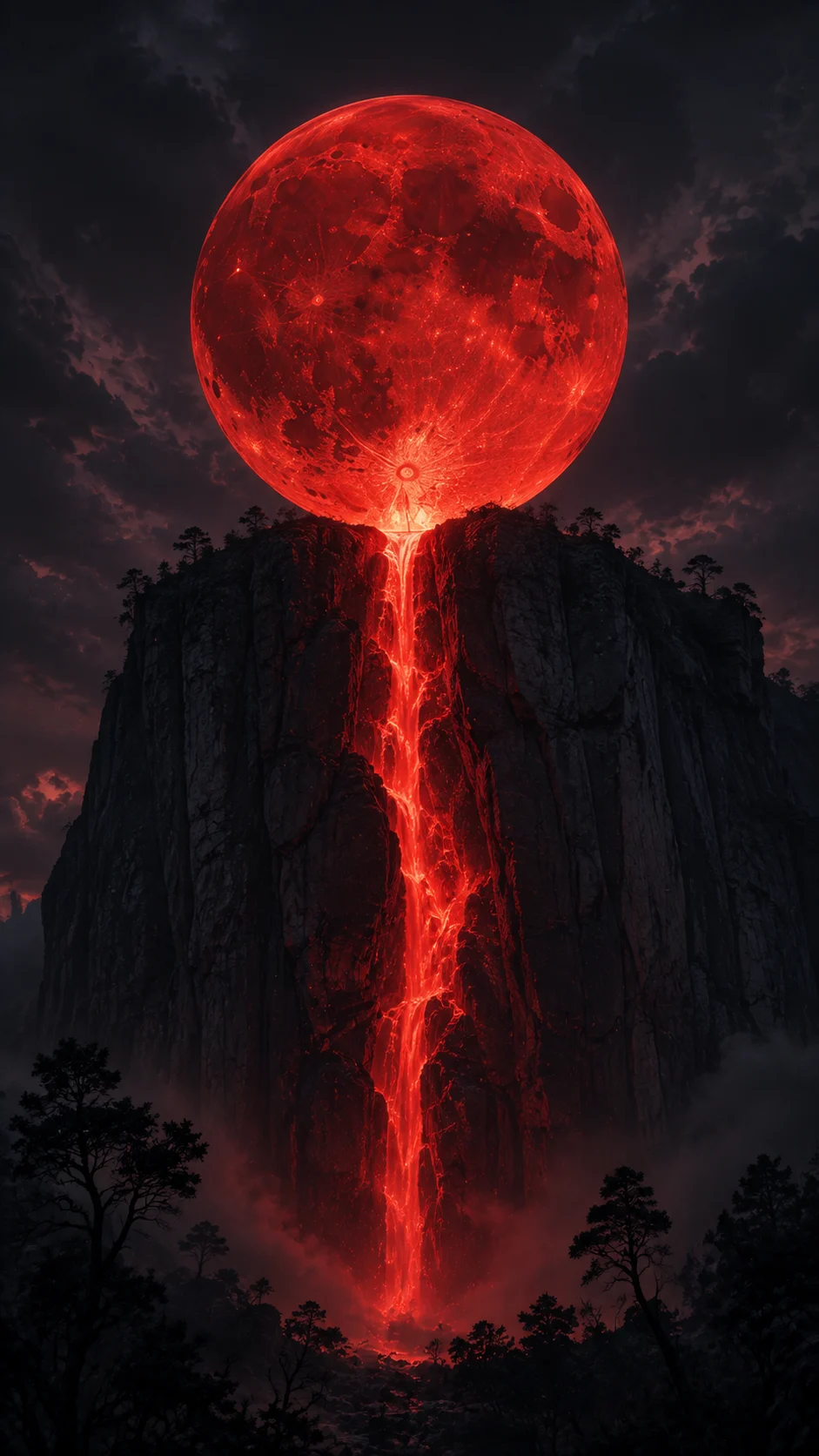 Vertical 3D fantasy landscape with a huge crimson moon over a dark cliff and glowing red waterfall.