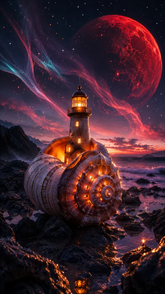 Surreal 3D lighthouse built into a spiral seashell beside dark rocks, under a giant red planet with magenta and teal cosmic ribbons.