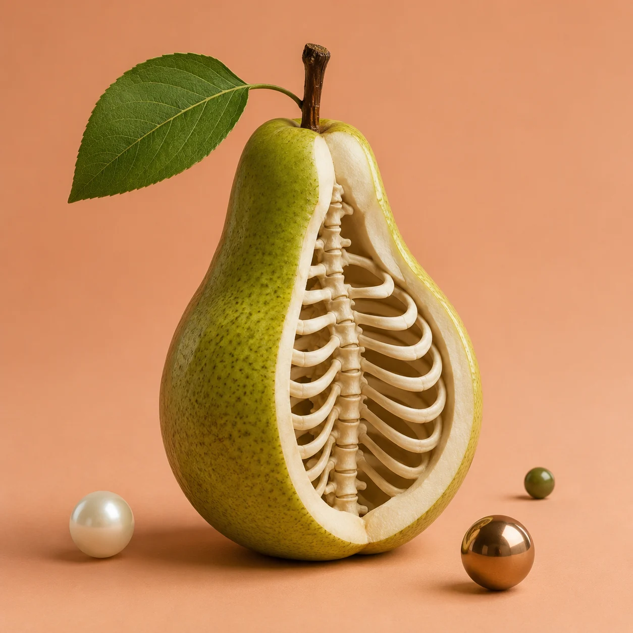 Surreal green pear with exposed skeletal ribs, leaf, stem, and small spheres on a peach studio floor.