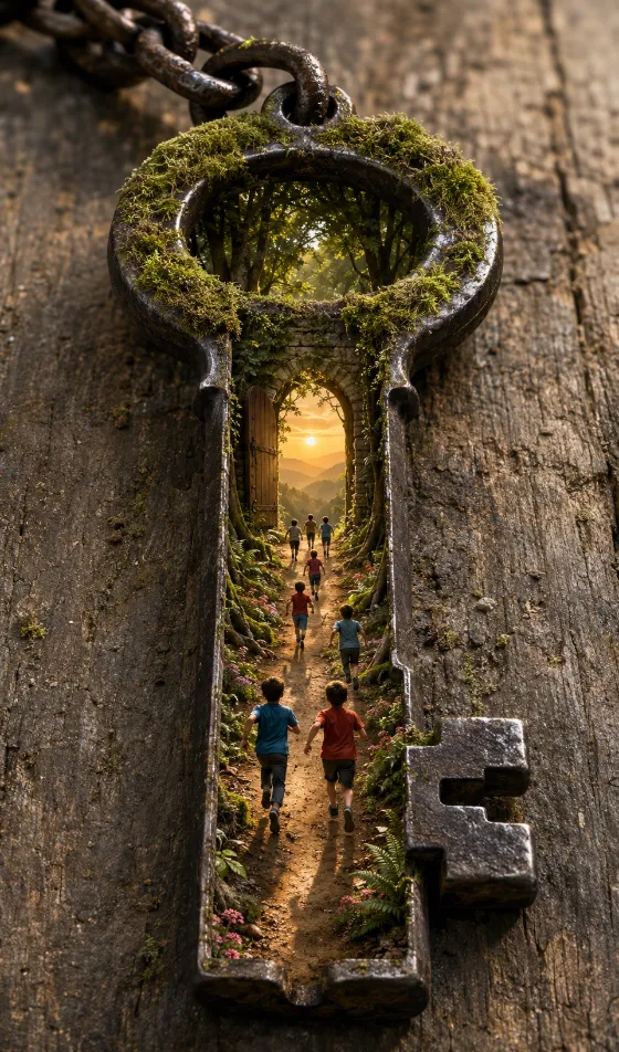 Eight children run along a sunlit path through a castle gate inside the shaft of a large antique key.