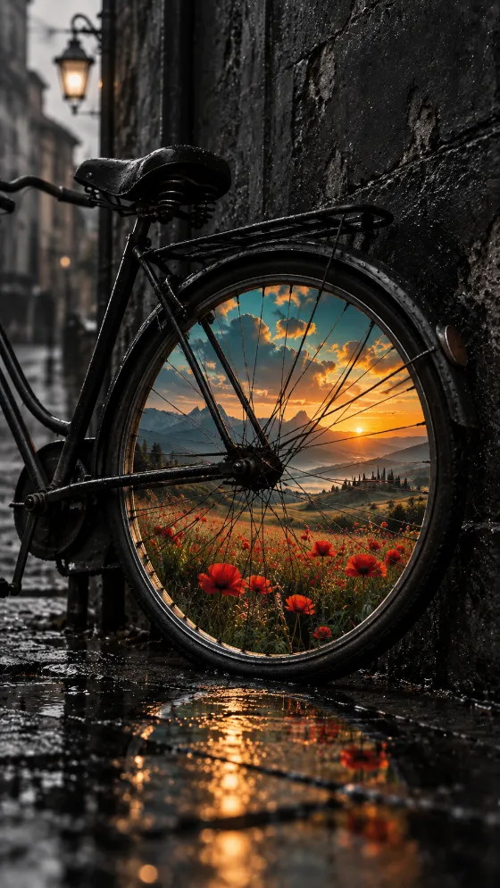 Dark vintage bicycle with a rear wheel framing a colorful mountain, meadow, and red poppy landscape on wet pavement.