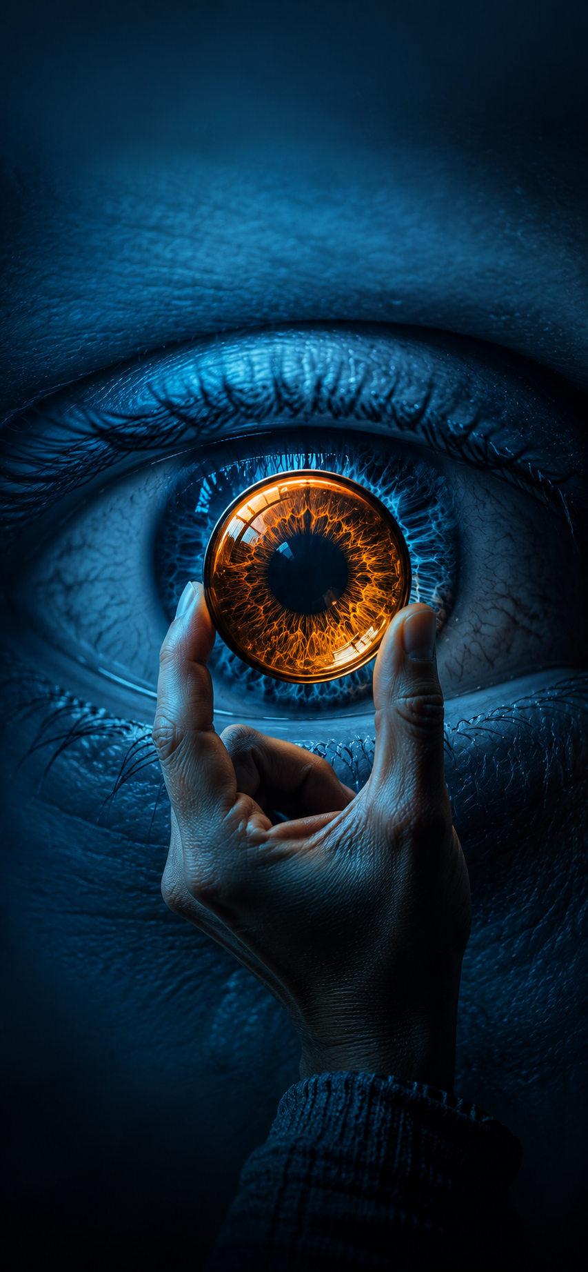 Surreal macro blue eye with a small hand holding a glossy amber iris lens over the dark pupil.