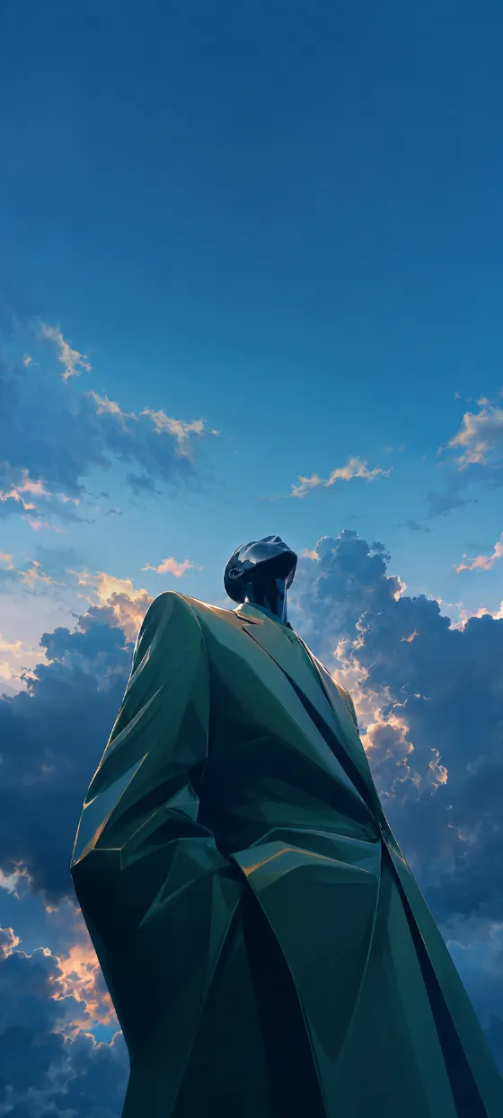 Surreal low-angle stylized figure with teal and green forms beneath a dramatic blue sky and soft cloud bank.