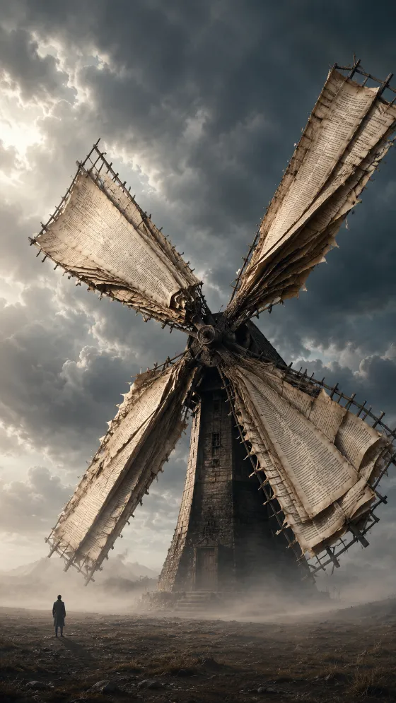 Giant paper-sail windmill beneath storm clouds, with one small figure standing on a misty barren landscape.