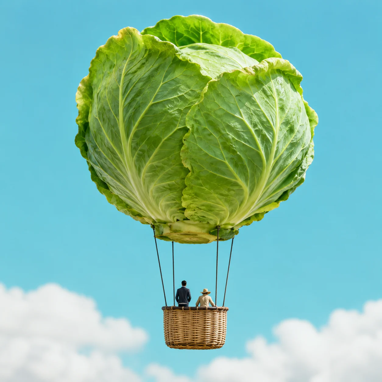 Whimsical surreal artwork of a cabbage hot-air balloon with two tiny travelers in a woven basket floating over white clouds in a bright turquoise sky.
