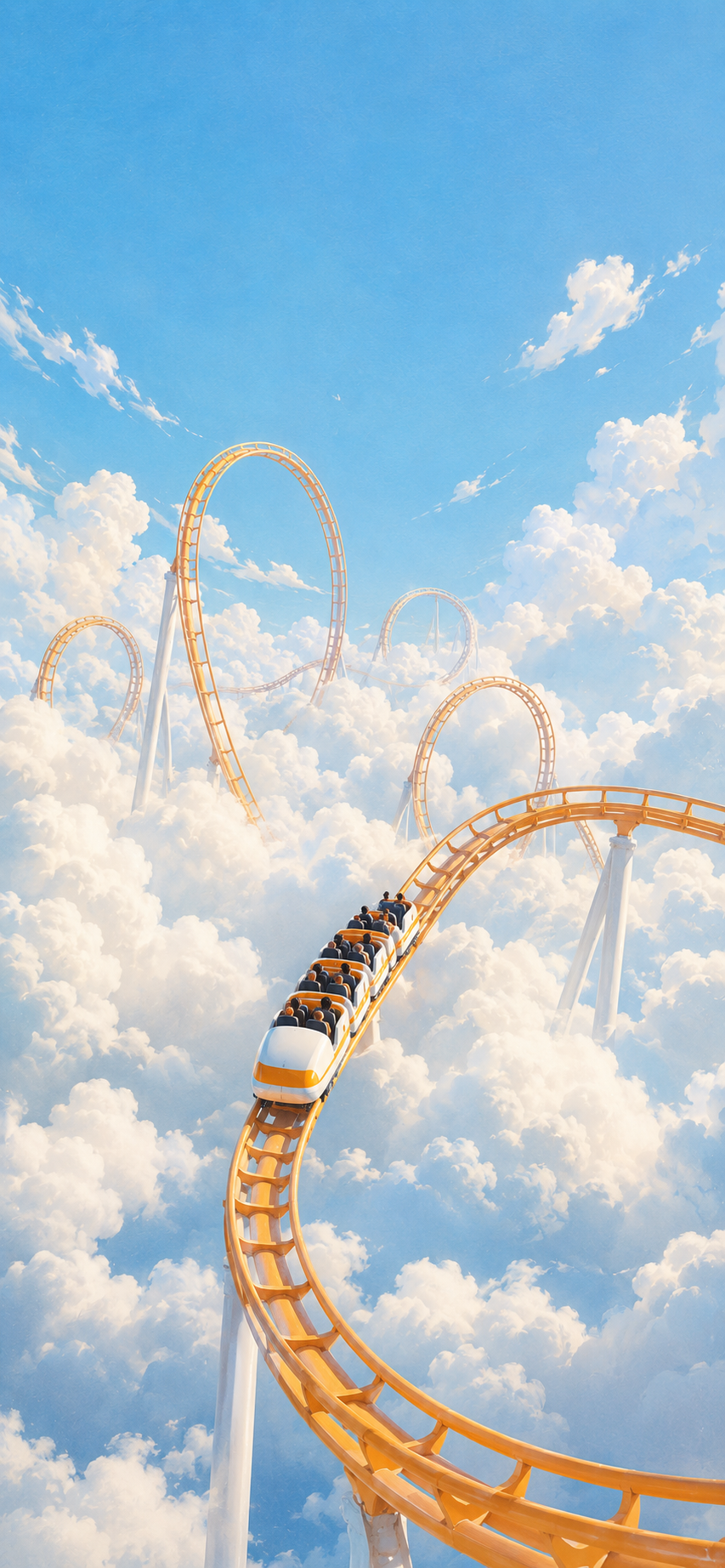 Golden roller coaster looping through fluffy white clouds beneath a bright blue in a minimalist illustration.