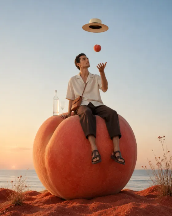 Fashion model seated on an enormous peach by the sea beneath a floating peach and cream hat.