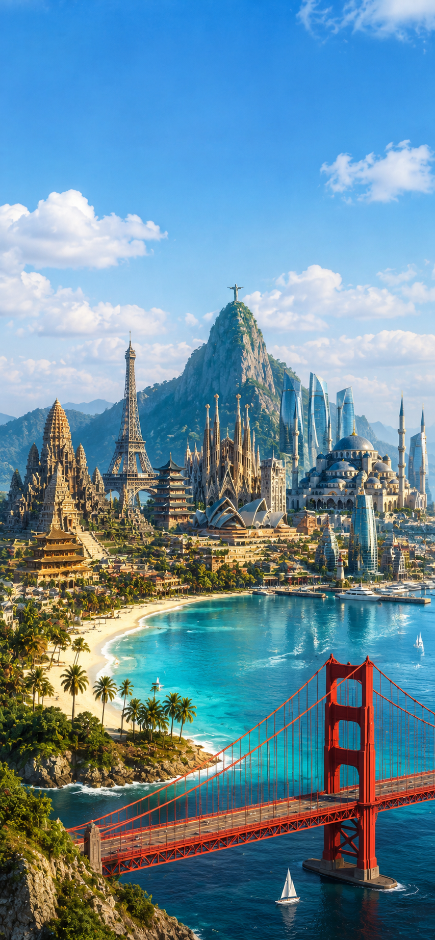 Surreal coastal city with global landmark-inspired architecture, turquoise bay, red suspension bridge, mountain, beach, and blue sky.