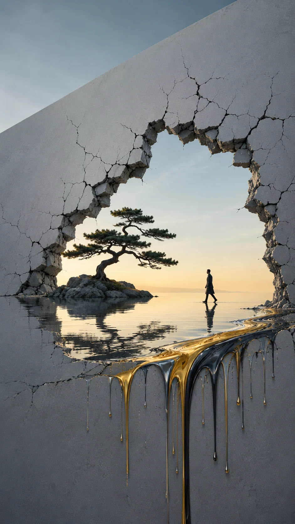 Reflective island landscape visible through a cracked wall with a distant walker and metallic paint dripping below.