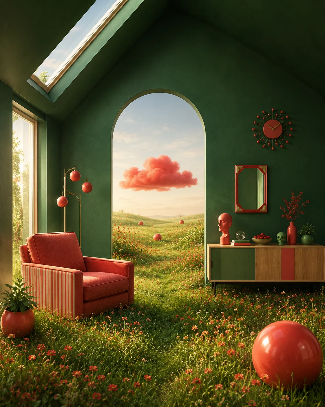 Emerald-green surreal room with coral decor, a grassy floor, and an arched opening onto a sunlit meadow with a red cloud.