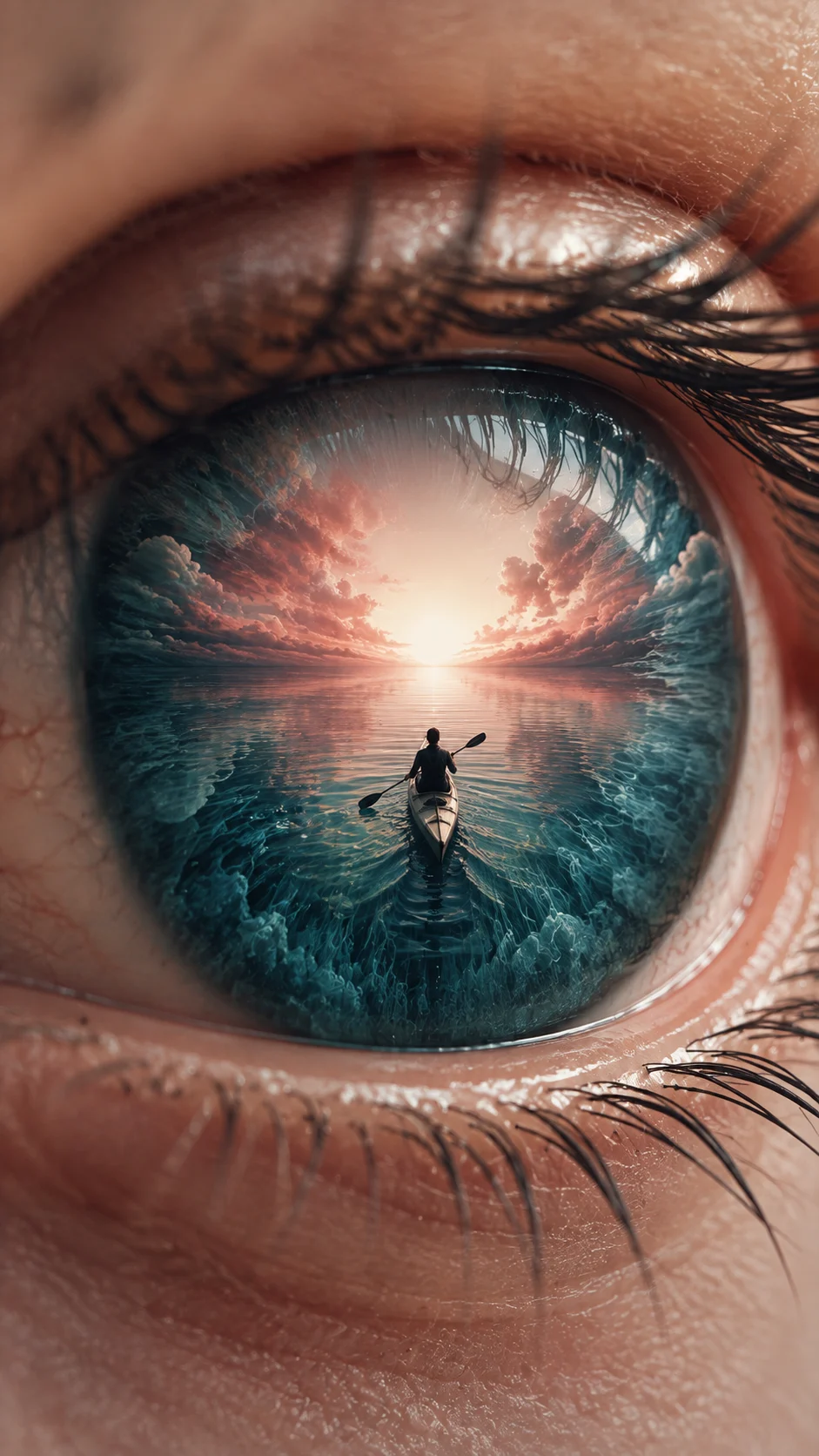 Surreal eye artwork with a tiny kayaker crossing a blue-green iris lake toward a glowing warm horizon.