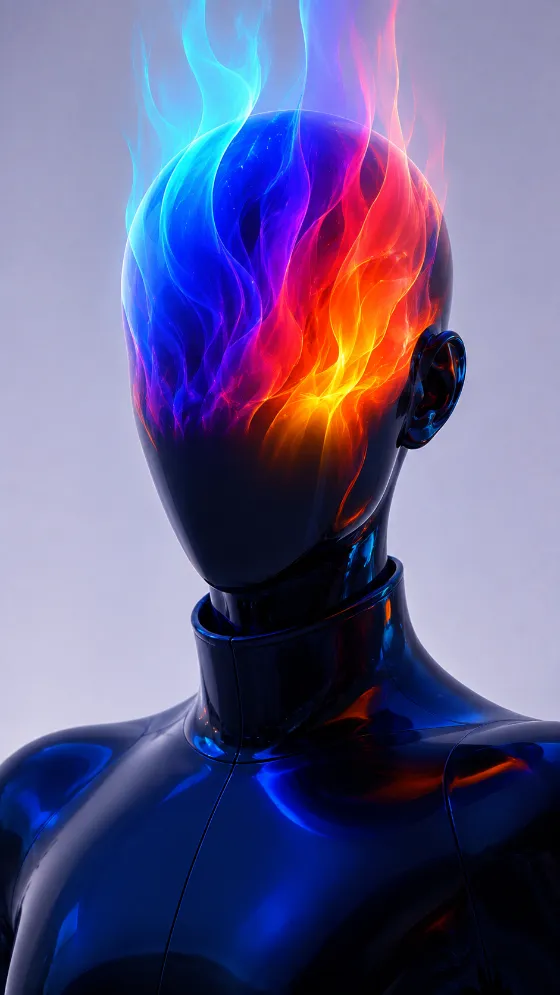 Featureless glossy 3D humanoid bust with luminous multicolor gradients forming a flame-like head on a pale gray background.