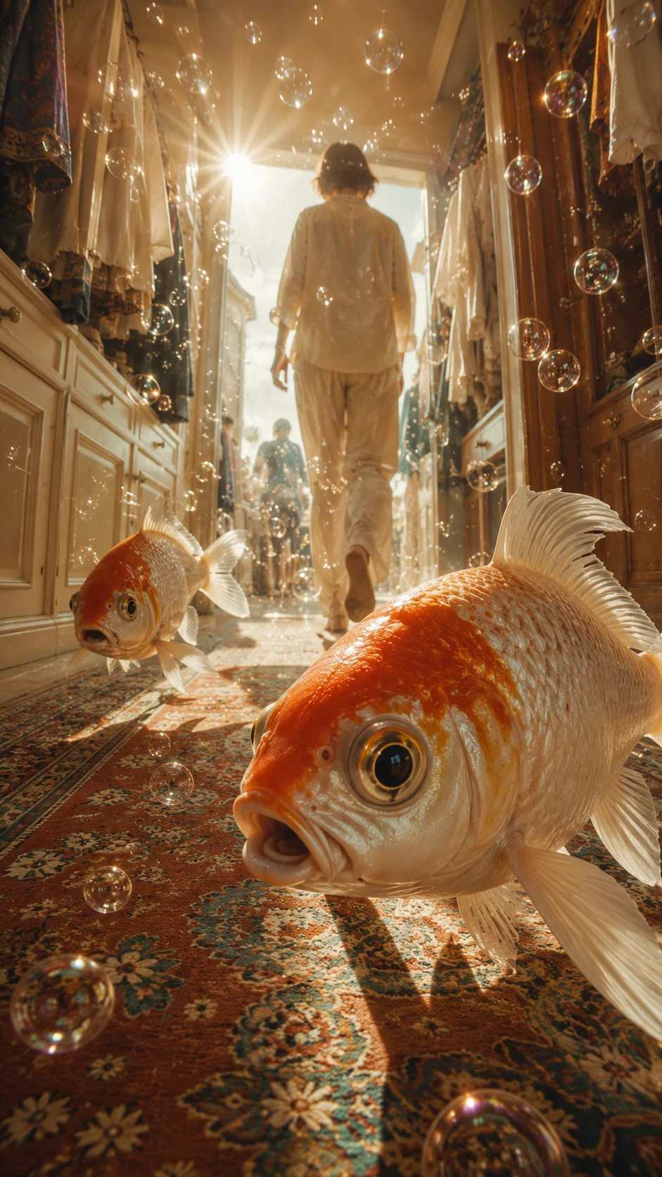 Cinematic surreal interior with a giant foreground fish, bubbles, hanging clothes, and a figure walking into sunlight.