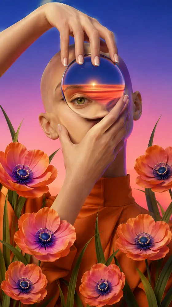 Bald surreal portrait with a circular eye portal, framing hands, orange clothing, and colorful flowers.