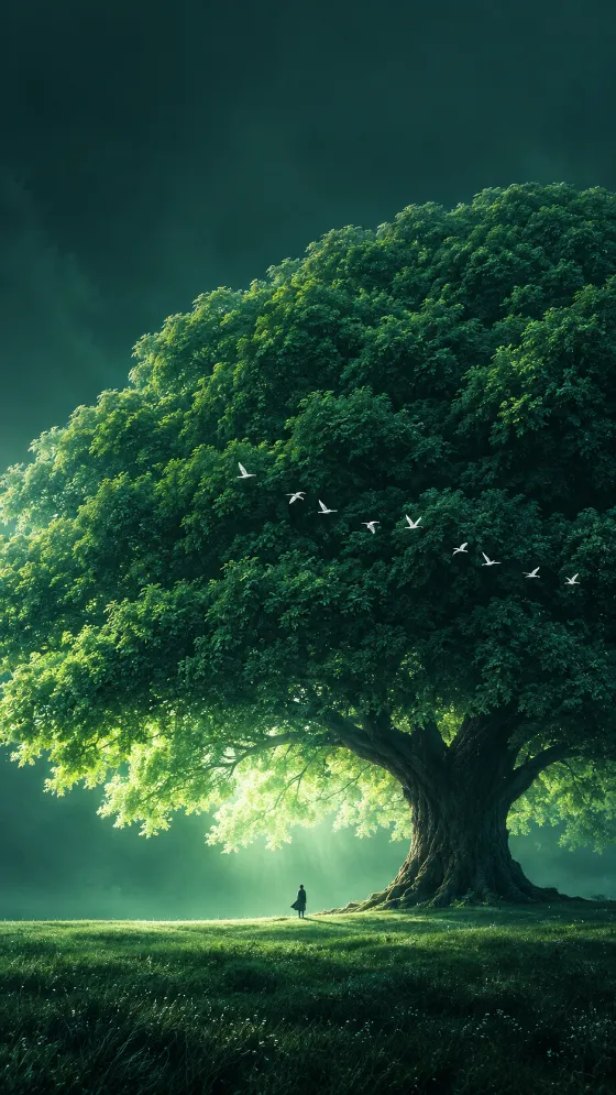 Enormous emerald-green tree with a tiny person standing beneath its glowing canopy and white birds flying across it.