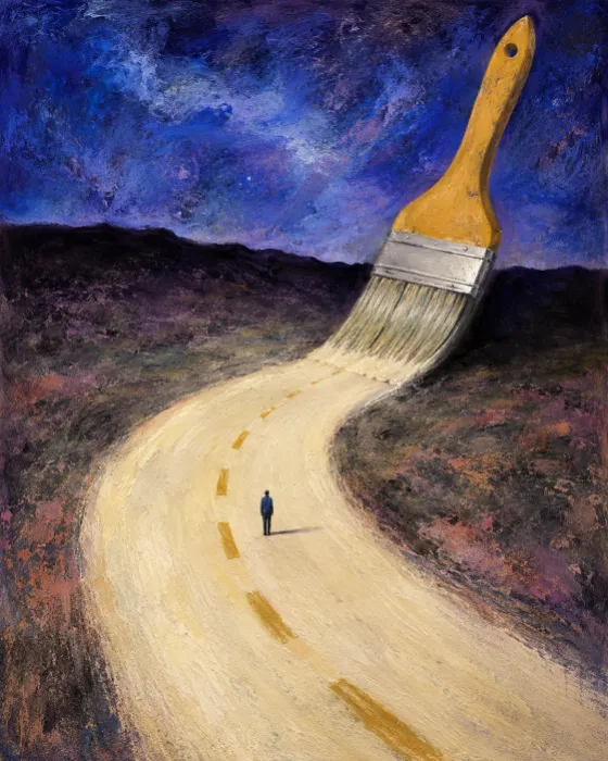 Surreal painting of a giant yellow paintbrush painting a glowing road across a dark landscape with a tiny lone traveler.