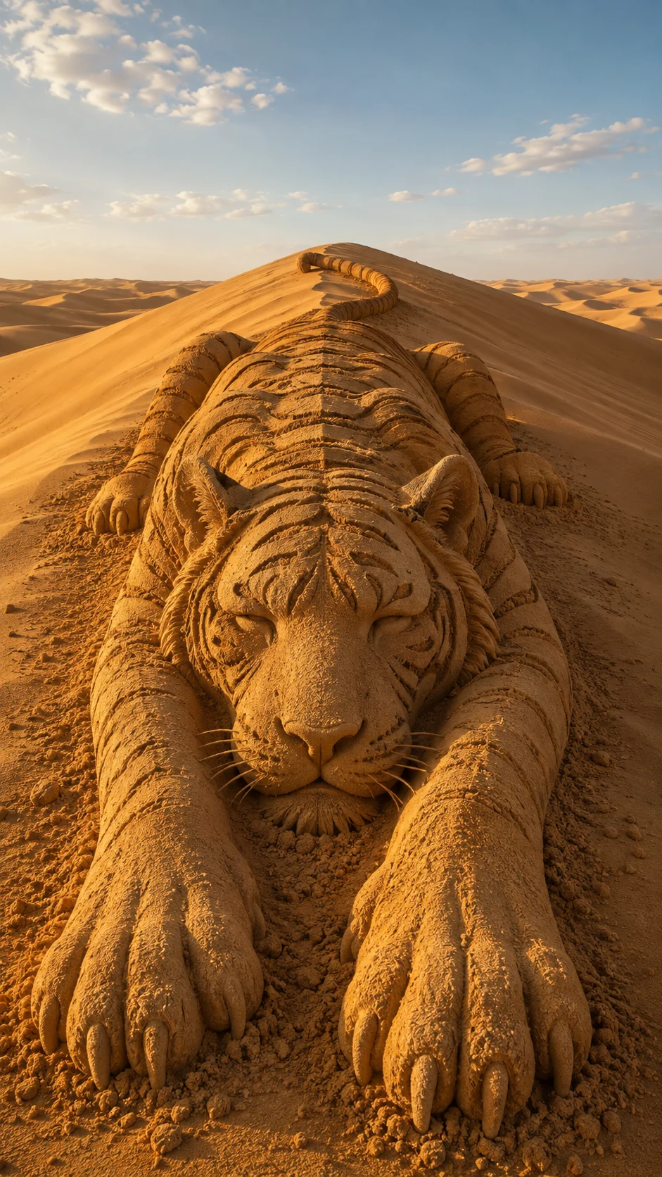 Monumental sand tiger resting across a golden dune under warm sunlight, with detailed carved stripes and oversized foreground paws.