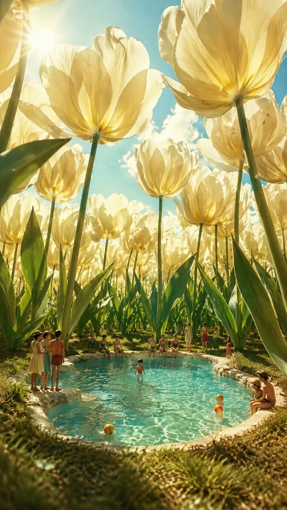 Miniature swimmers and visitors gathered around a blue pool under enormous cream tulips and towering green stems.
