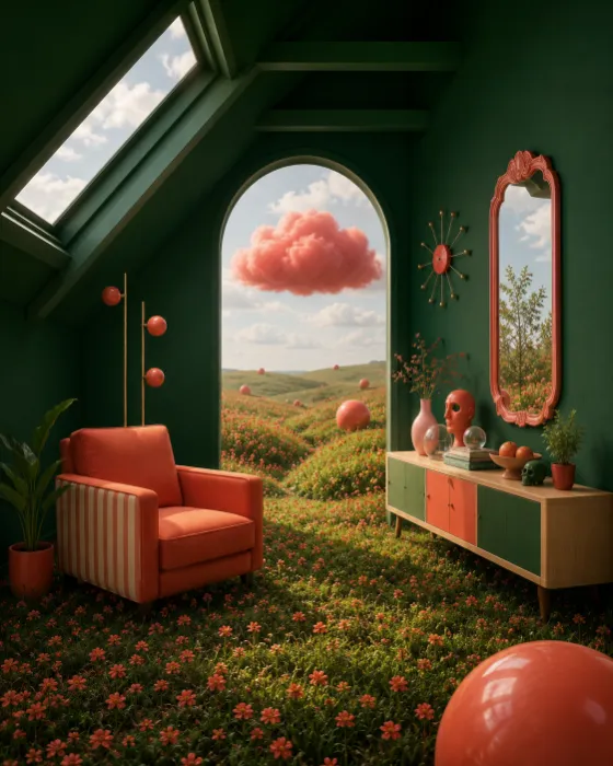 Surreal green interior with coral furniture, meadow grass, red flowers, and a floating cloud beyond an arch.