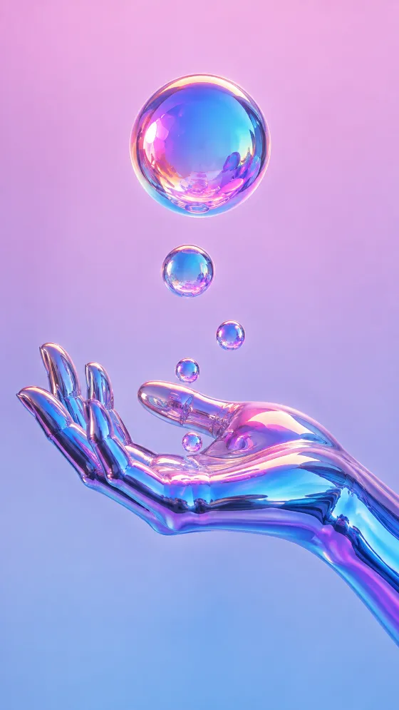 Iridescent 3D hand sculpture with floating reflective spheres against a pastel gradient.