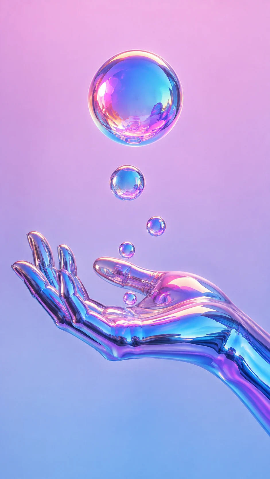 Iridescent 3D hand sculpture with floating reflective spheres against a pastel gradient.