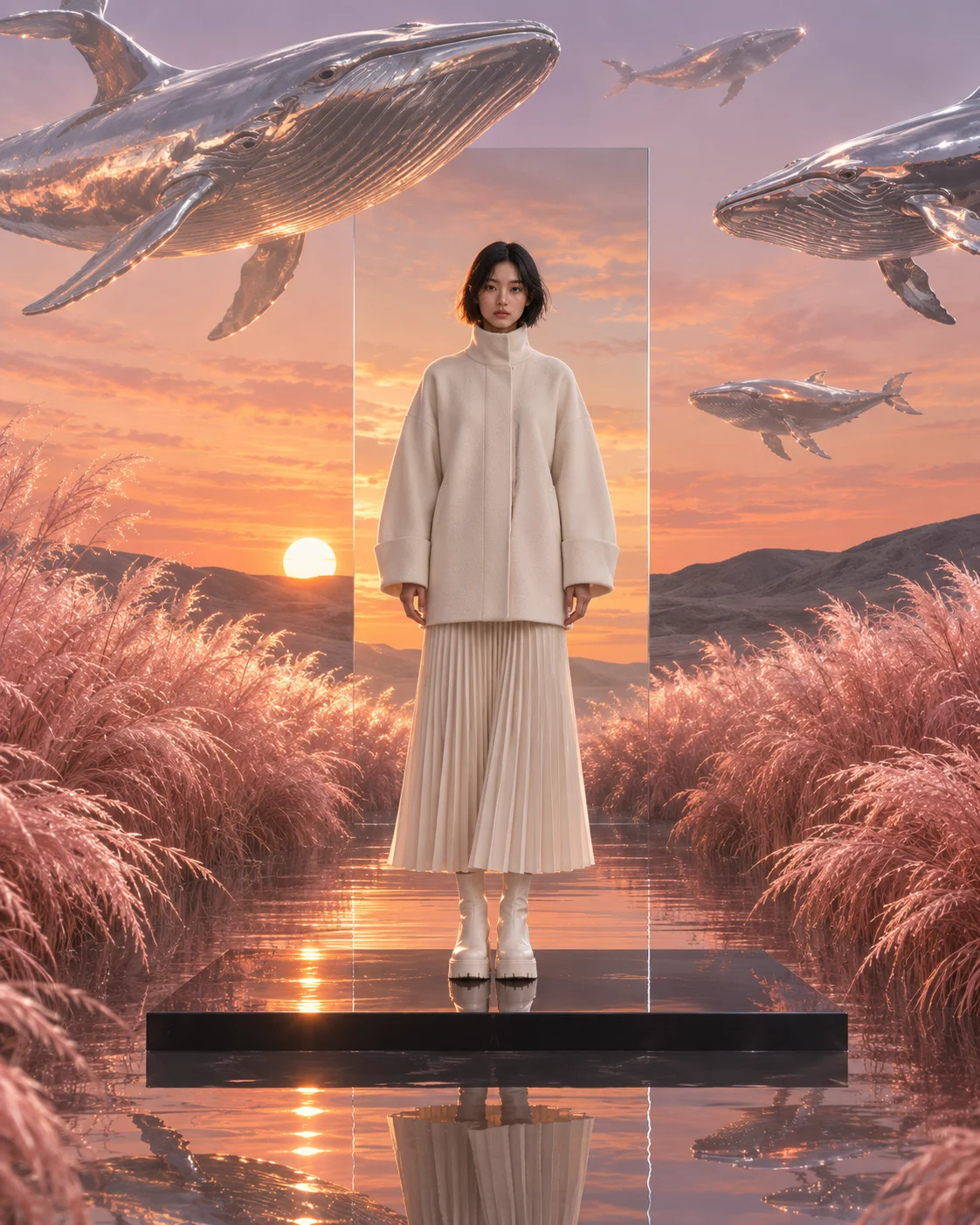Surreal sunset fashion image with an ivory-clad model, pink grasses, reflective water, and floating silver whales.
