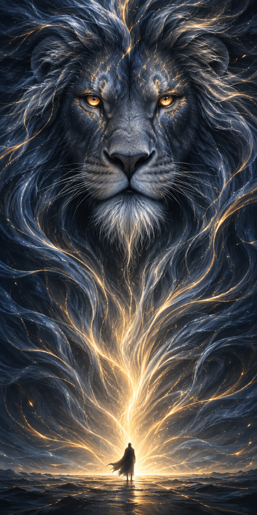 Surreal vertical wallpaper showing a monumental blue-gray lion with glowing amber eyes and a tiny human silhouette below.
