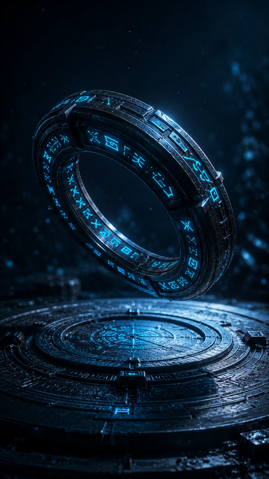 Surreal dark metallic ring with cyan glyph-like markings floating above an engraved circular platform.