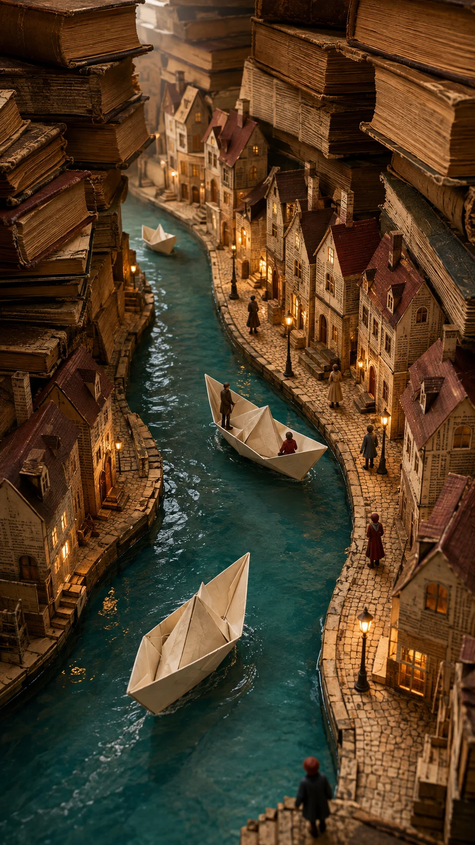 Warmly lit miniature canal village made from book pages, with paper boats, tiny residents, and monumental book stacks.