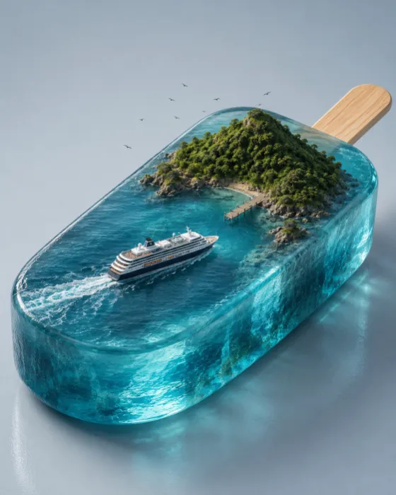 Surreal aqua ice pop transformed into a tiny ocean landscape with a ship, island, dock, and birds.