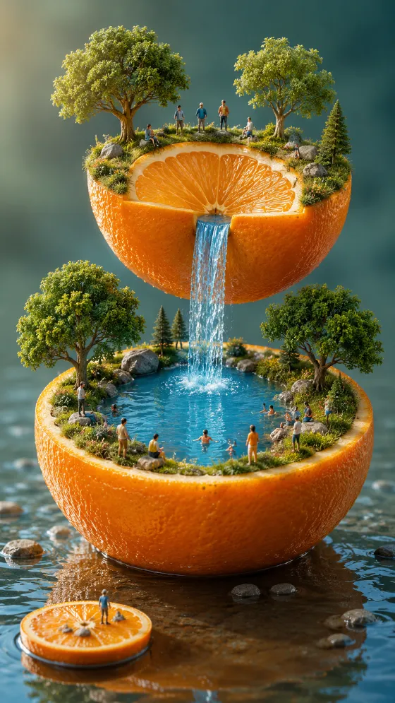 Surreal miniature citrus world with two orange islands, tiny figures, trees, and a central waterfall.