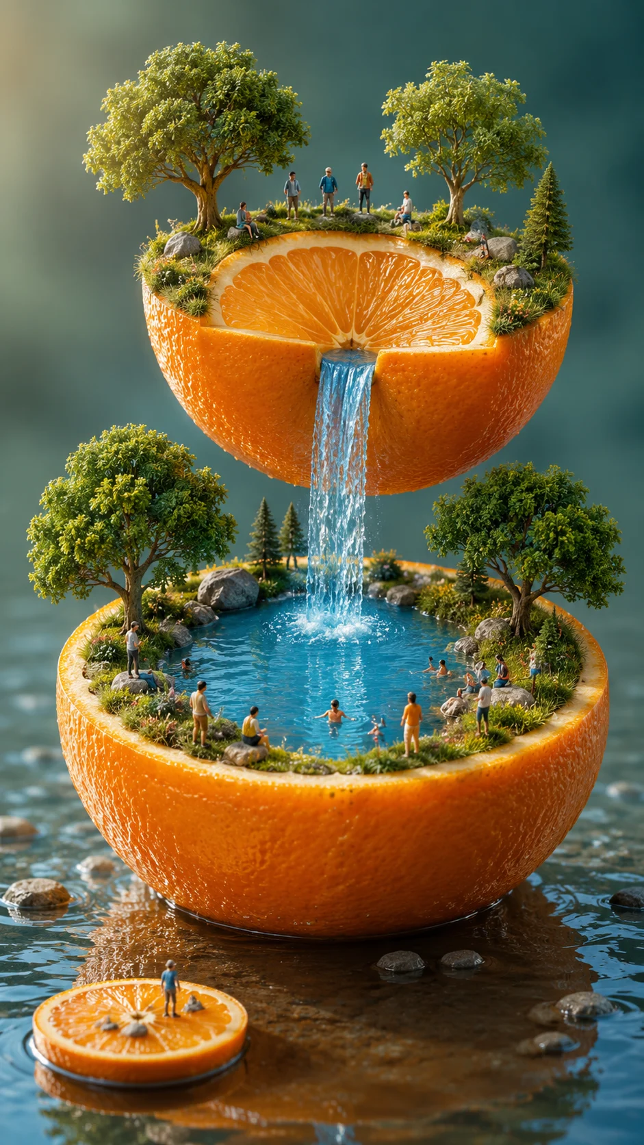 Surreal miniature citrus world with two orange islands, tiny figures, trees, and a central waterfall.