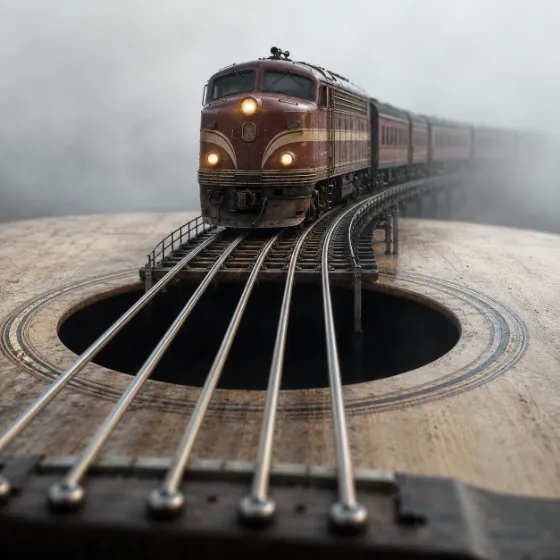 Close-up view of a vintage train on guitar strings over the sound hole in a surreal mini diorama.