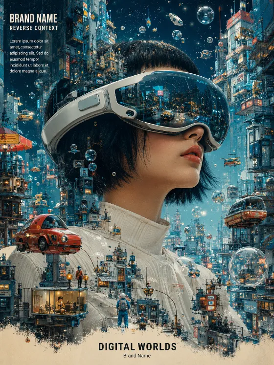 Surreal portrait wearing a reflective mixed-reality visor inside a dense blue miniature city with floating vehicles and bubbles.