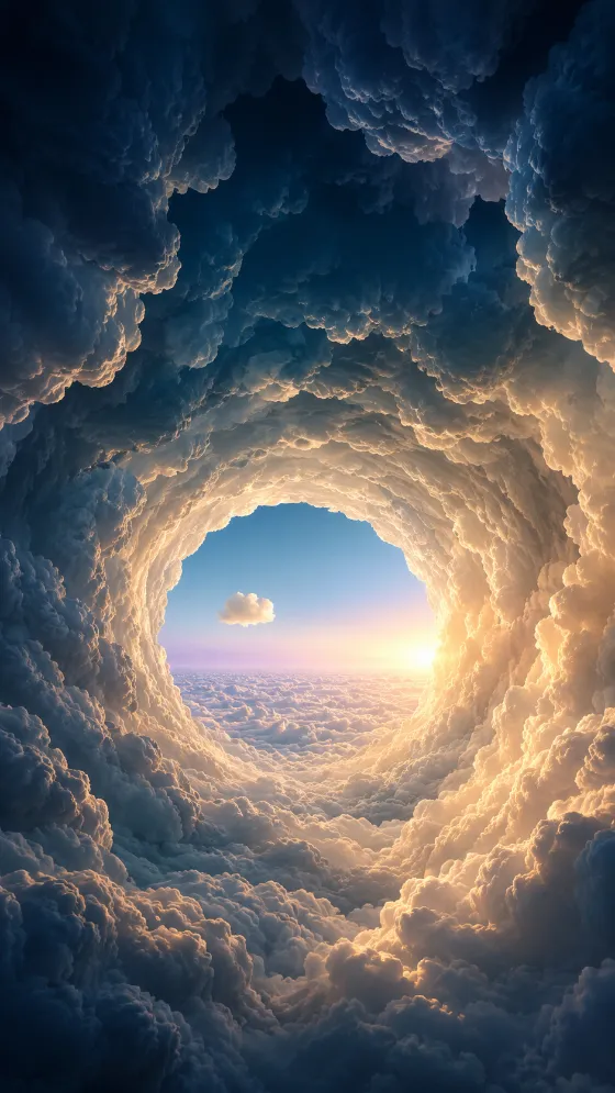Surreal vertical cloud tunnel with golden sunlight and a luminous circular sky opening.