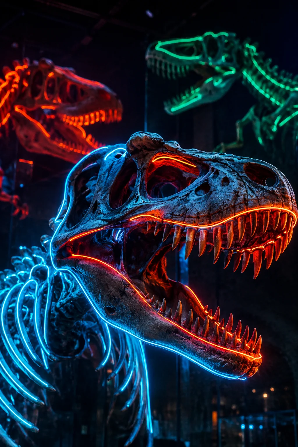 Neon-lit dinosaur-inspired skull and rib cage artwork surrounded by colorful glowing skeletal forms.