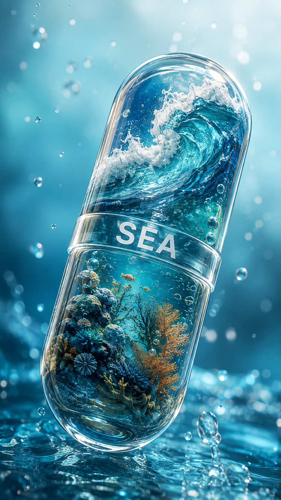 Transparent glass capsule containing a miniature turquoise ocean wave and underwater ecosystem.