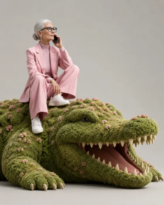 Silver-haired model in pink tailoring seated on a plush moss crocodilian with an open mouth.