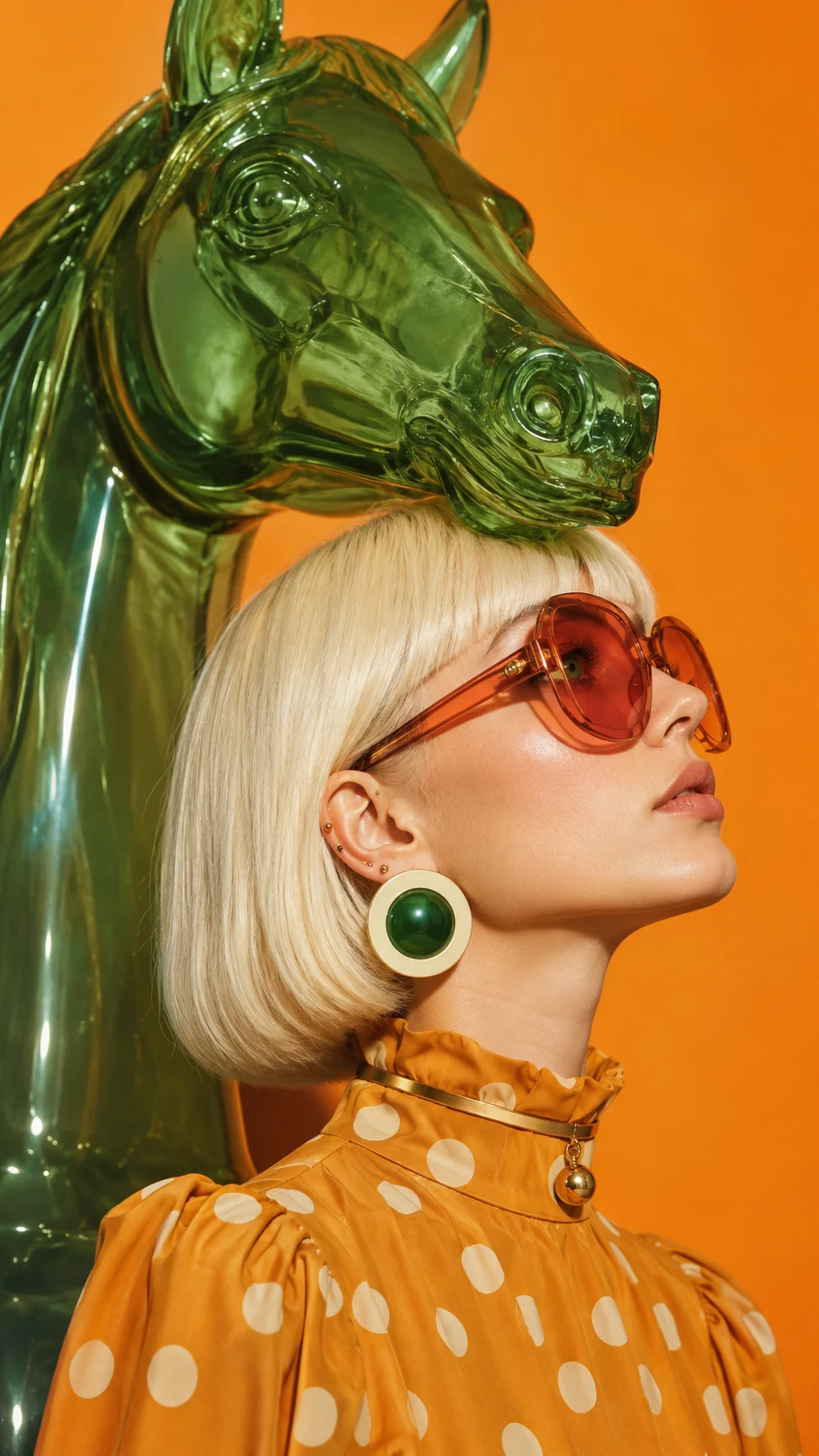 Vertical fashion portrait of a platinum-blonde model in orange polka dots beside a translucent green horse.