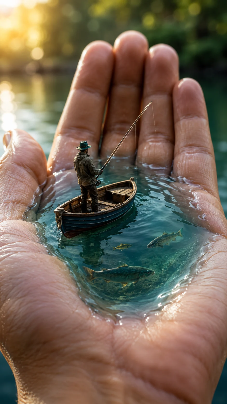 Surreal miniature fisherman standing in a rowboat on a tiny pool of water resting across an open human palm.