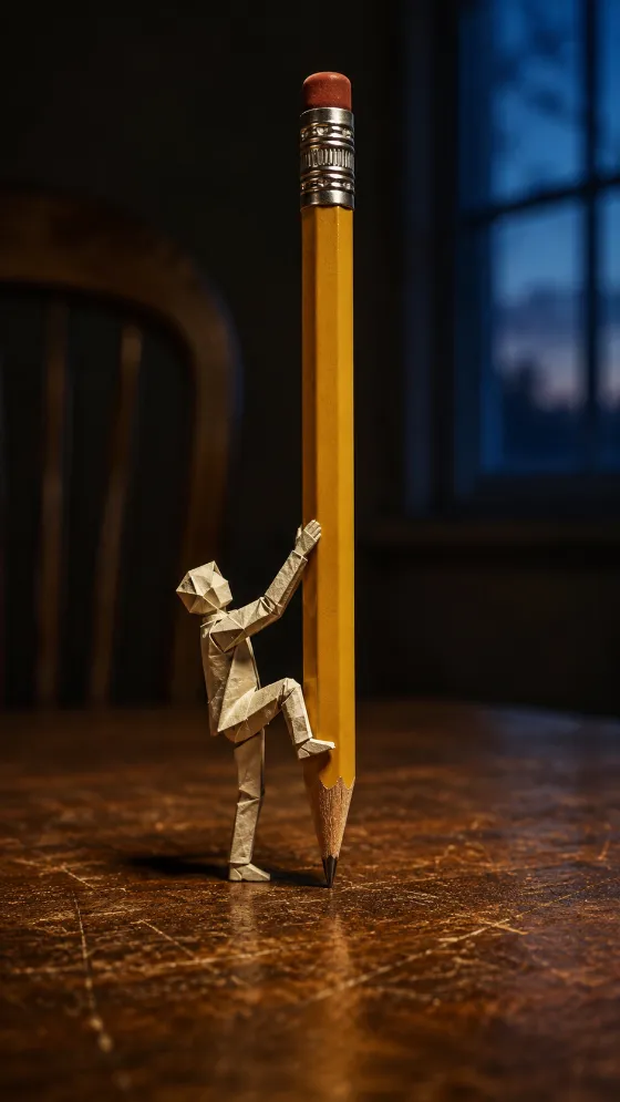 Miniature folded-paper figure embracing an upright yellow pencil on a scratched wooden tabletop in shallow focus.