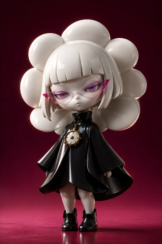 Surreal porcelain-white 3D character with flower-like silhouette and magenta glasses against a burgundy background.