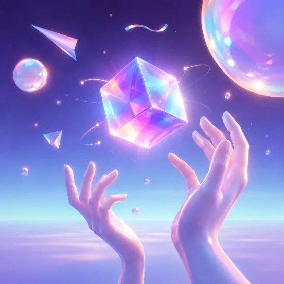 Surreal pastel 3D artwork of two stylized hands reaching toward a floating iridescent cube with translucent spheres and glowing particles.