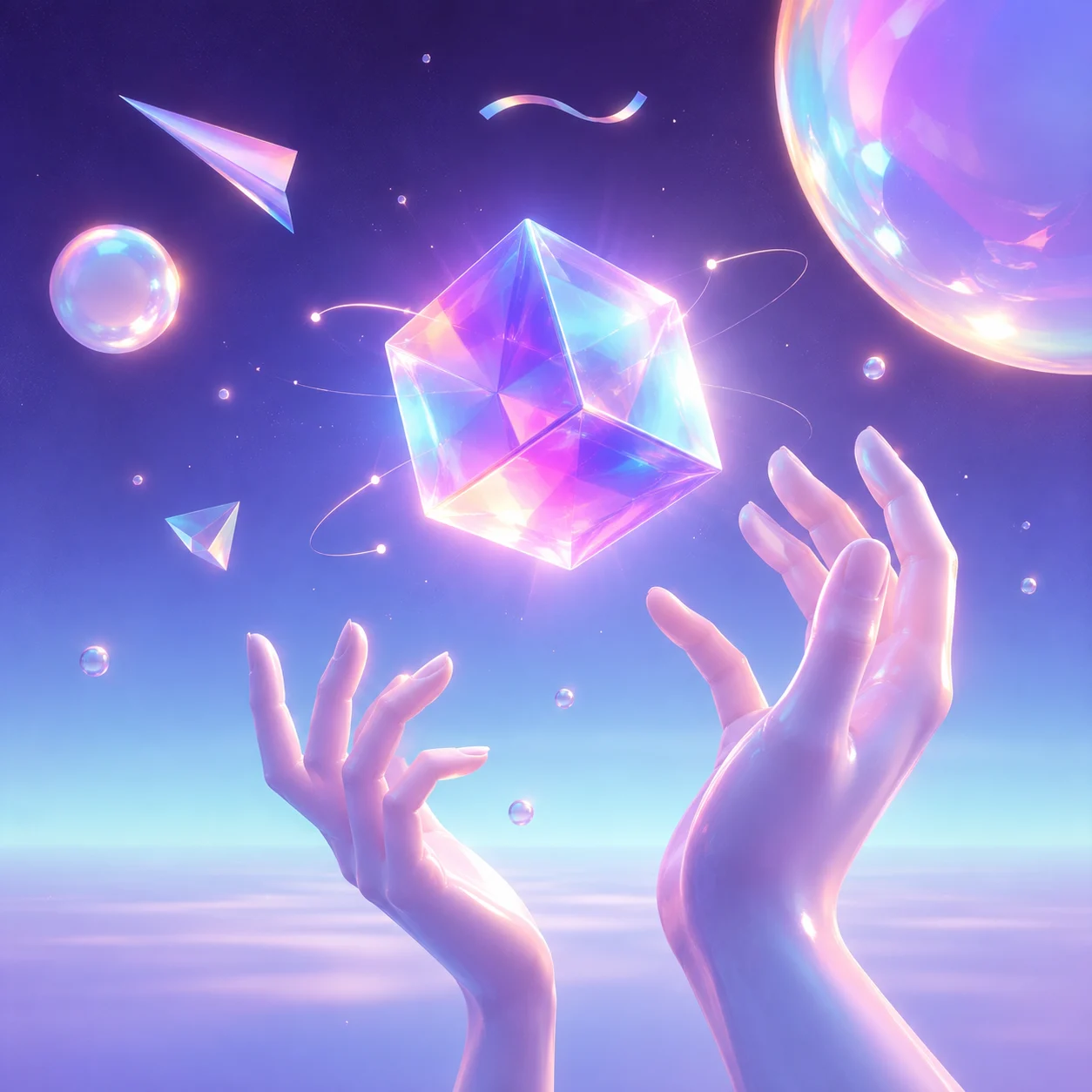 Surreal pastel 3D artwork of two stylized hands reaching toward a floating iridescent cube with translucent spheres and glowing particles.