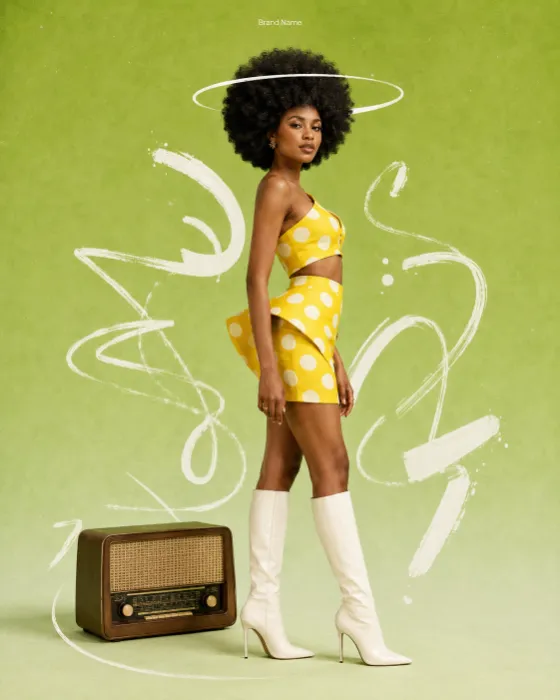 Fashion editorial with a yellow polka-dot look, sculptural hair, white boots, vintage radio, and lime-green backdrop.