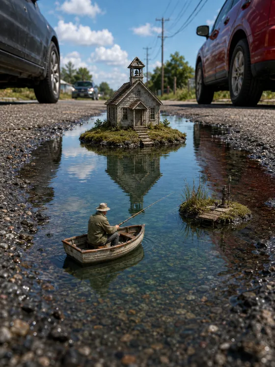 Surreal roadside puddle containing a tiny rowboat fisherman, grassy islands, and a weathered schoolhouse beneath parked cars.