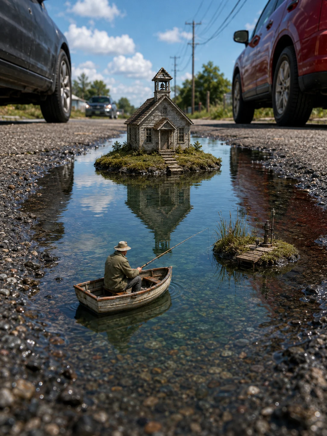 Surreal roadside puddle containing a tiny rowboat fisherman, grassy islands, and a weathered schoolhouse beneath parked cars.